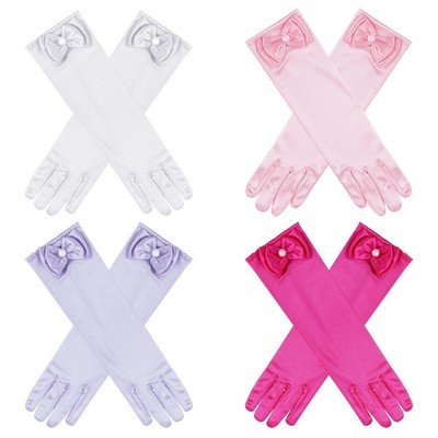 Yolyoo 4 Pairs Satin Princess Gloves for Girls,Pearl Long Stain Gloves for Ha...