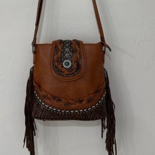 Western Tooled Faux Leather Fringe Crossbody Bag Brown Turquoise Studded