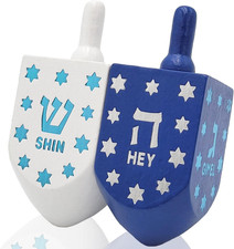 Extra Large Hand Painted Wood Hanukkah Dreidels, 2-Pack Blue  White Star Design