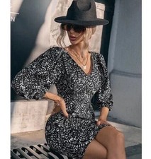 Zara Women's Black and White Puffy Sleeve Mini Dress Geometric Print The Kacy M