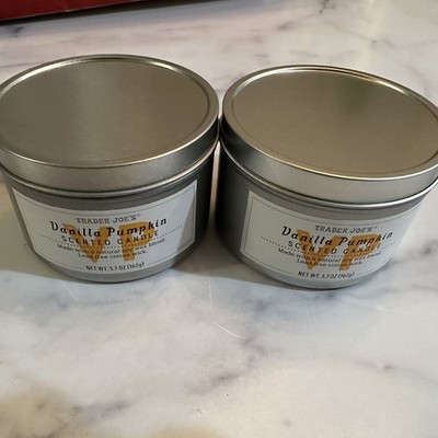 2 Trader Joes Candle 5.7 oz soy wax blend tin VANILLA PUMPKIN Thanksgiving FALL