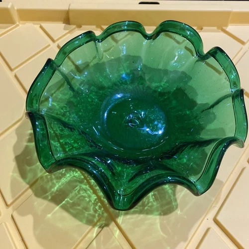 Blenko Emerald Green Crackle Art Glass Bowl Ruffled Folded Edge 9 1/2" (B6)