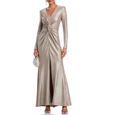 Eliza J Dress Size 10 Metallic Taupe Gray Long Sleeve V Neck Twist Waist Gown