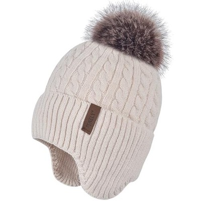  Women's Knitted Warm Beanie Winter Hat, Cashmere Inner Layer, One Size Beige