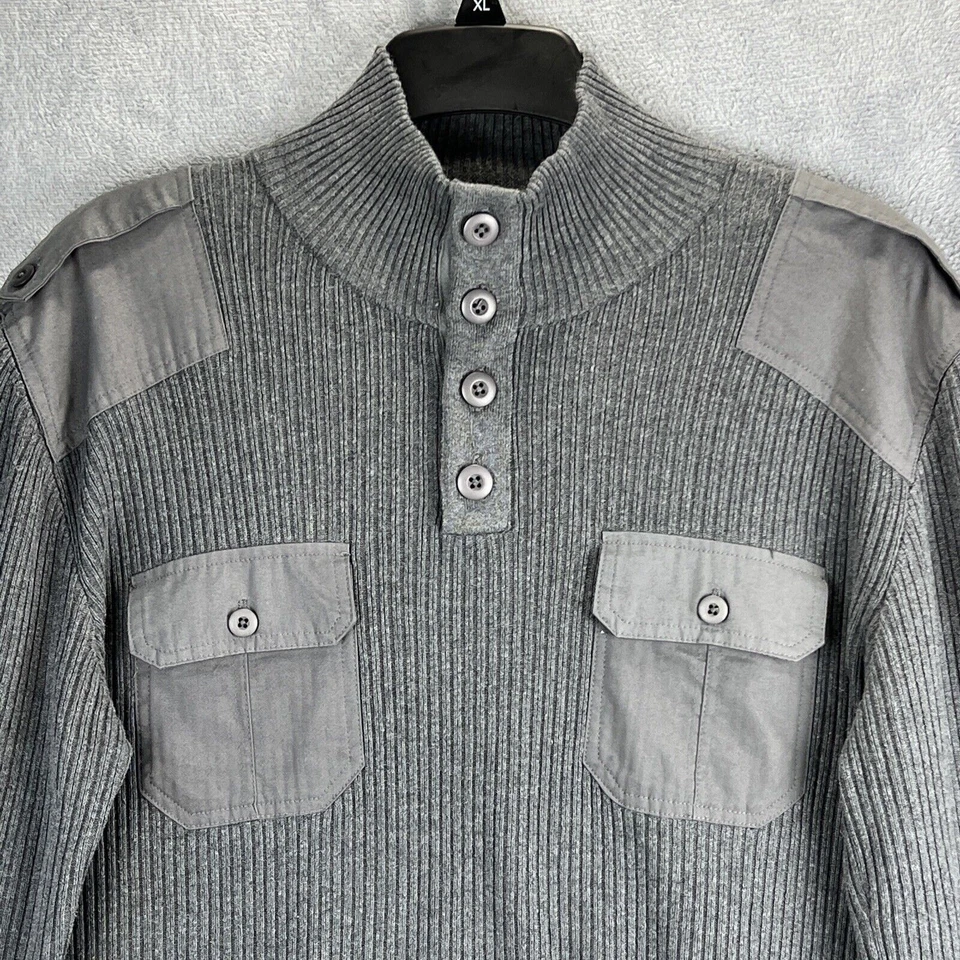 American Rag Sweater Mens Extra Large Gray Military Shoulder Tabs Pockets Cotton - Image 2 of 4