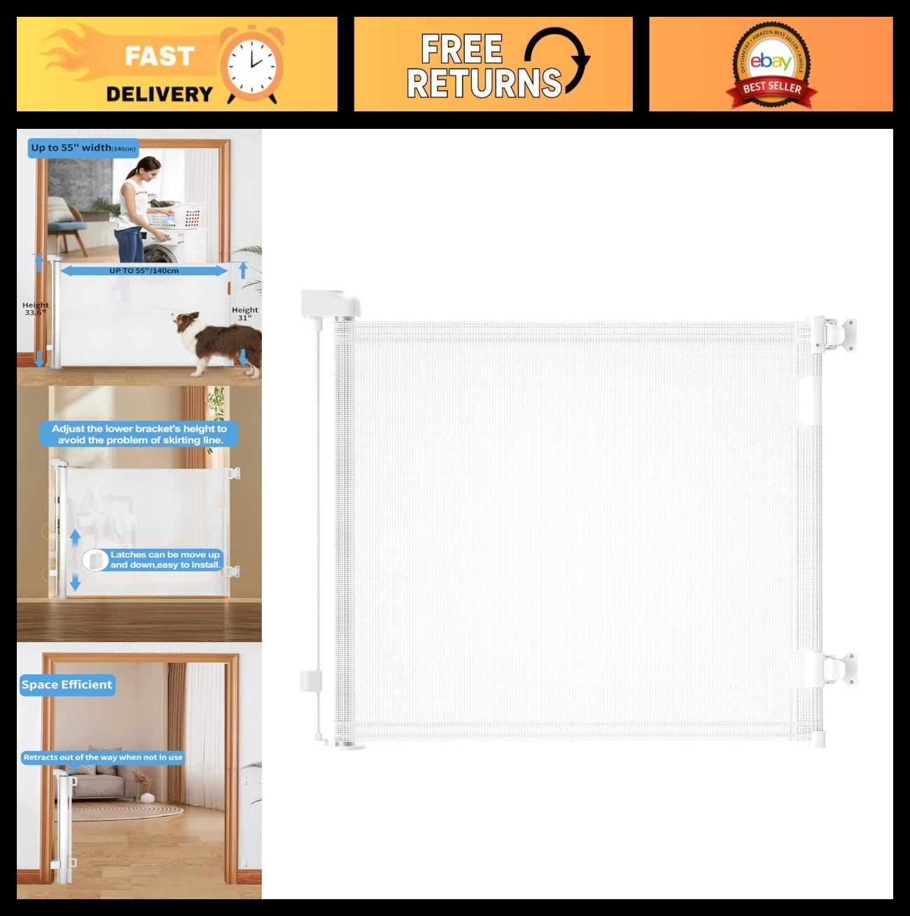Retractable Baby Gate for Doorways & Stairs - Mesh Safety Gate, One-Hand Use, 33