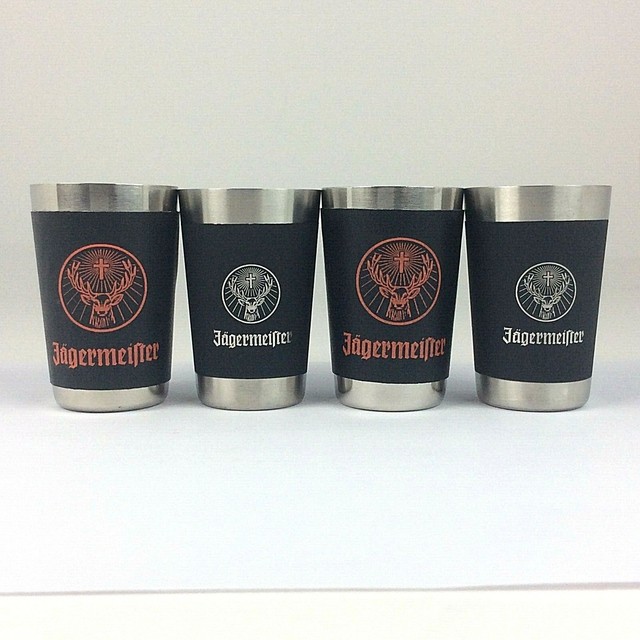 Jagermeister Shot Glasses Black Orange Leather Wrapped Stainless Steel