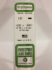 Evergreen # 132 Styrene Strip  .030 x .040 (10) A Scale MIB