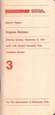 Norfolk Southern Railroad Eastern/Virginia Div Timetable 3 - 9/6/1992 Free Ship