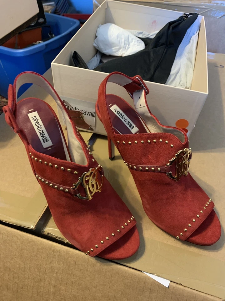 Sandalias Roberto Cavalli Talla 8.5 EE. UU. Damas Mujeres Gamuza Rojo Tacones Cuero $825 Foto 4 de 4