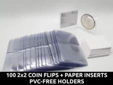 100 Pack 2x2 Coin Flips + paper inserts - PVC-Free Plastic Holders - USA made