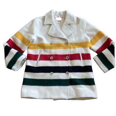 151 Pendleton S Glacier Striped Zip USA Made Wool Pea Coat Hudson Bay Vtg 