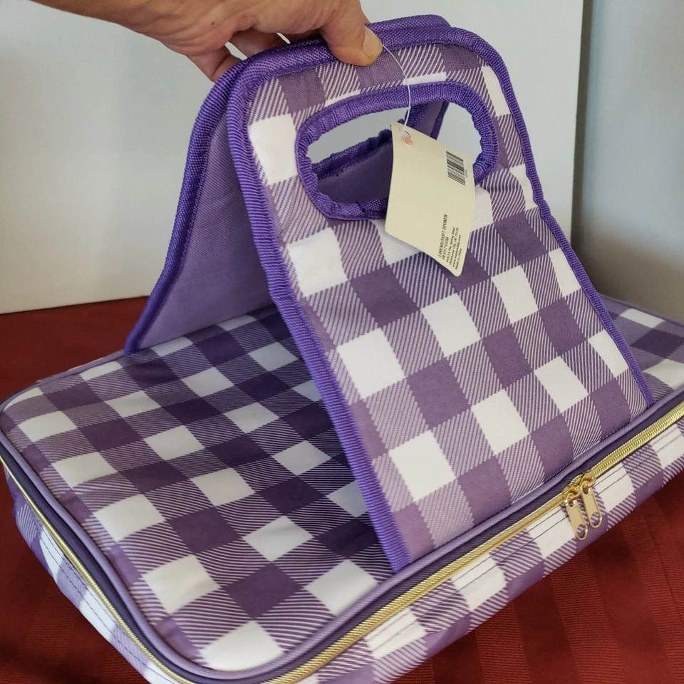 Insulated Casserole Tote Bag Purple Checkered 15 x 11 x 3 - Image 3 of 4