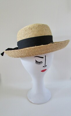 Helen Kaminski Australia Natural Raffia Hat with Black Ribbon Hat