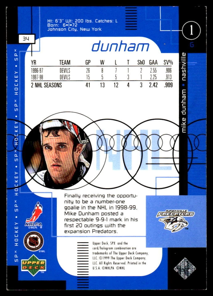 1998-99 SPx Top Prospects #34 Mike Dunham Nashville Predators Hockey Card - Image 2 of 2