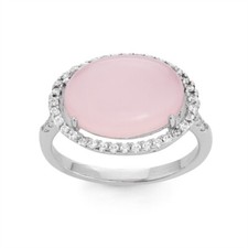 Sterling Silver Large Rose Quartz Oval with CZ Border Ring