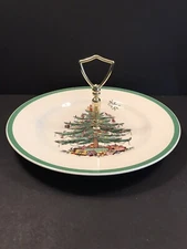 SPODE CHRISTMAS TREE Tidbit Cookie DIsh With Metal Handle
