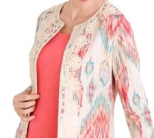 Chico's Linen Draped Jacket M Embroidered Boho Southwest Aztec Southwestern Boho
