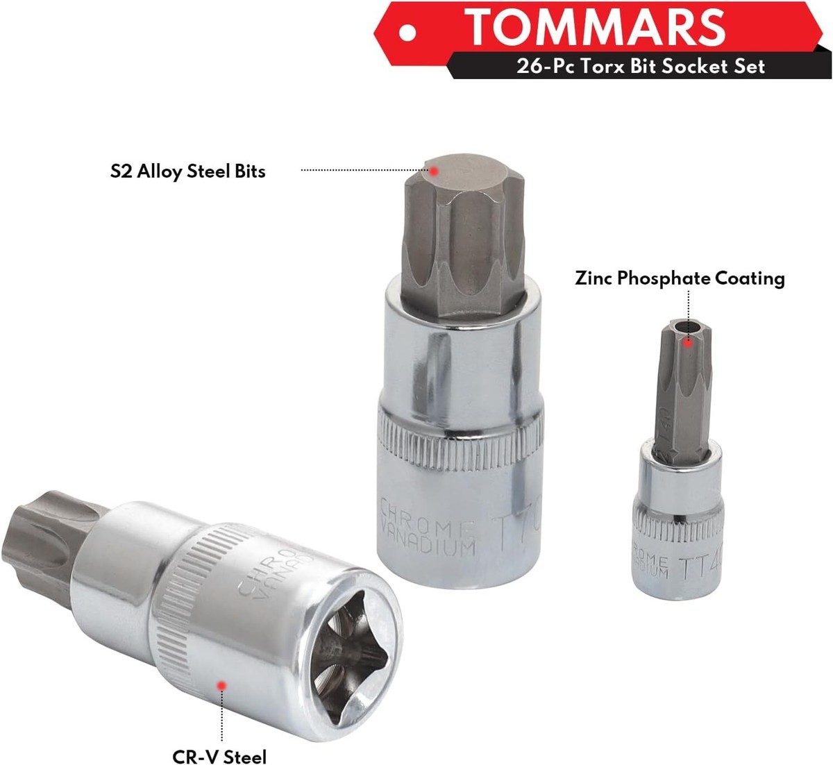 TOMMARS 26-PC Torx Socket Set, 26-Piece, Bit Socet T10-t70