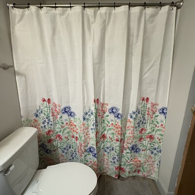 Peri Home Shower Curtain Colorful Wild Flowers Meadow White 100% Cotton NWOT