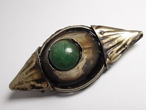 Large Antique Artisan Jade Stone Eye Metal Dome Cloak Cape Button Clasp Pin.
