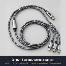 3 in 1 Multi Charging Cable USB-C to 8 Pin Micro USB Nylon Braided Charger Lead