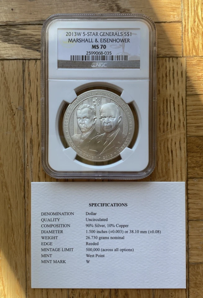 2013-W 5 Star Generals Commemorative Silver Dollar MS70 Marshall & Eisenhower - Image 2 of 4