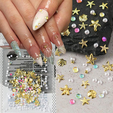 100PCS 3D Summer Ocean Resin Nails Charms Beach Seashell Starfish Gold Nail Char