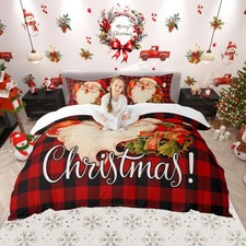 Santa Claus Duvet Cover Black and Red Square Bedding Set Merry Christmas Comf...