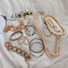Pearl Gold Tone Jewelry Lot  17 PC Costume Vintage  Trendy