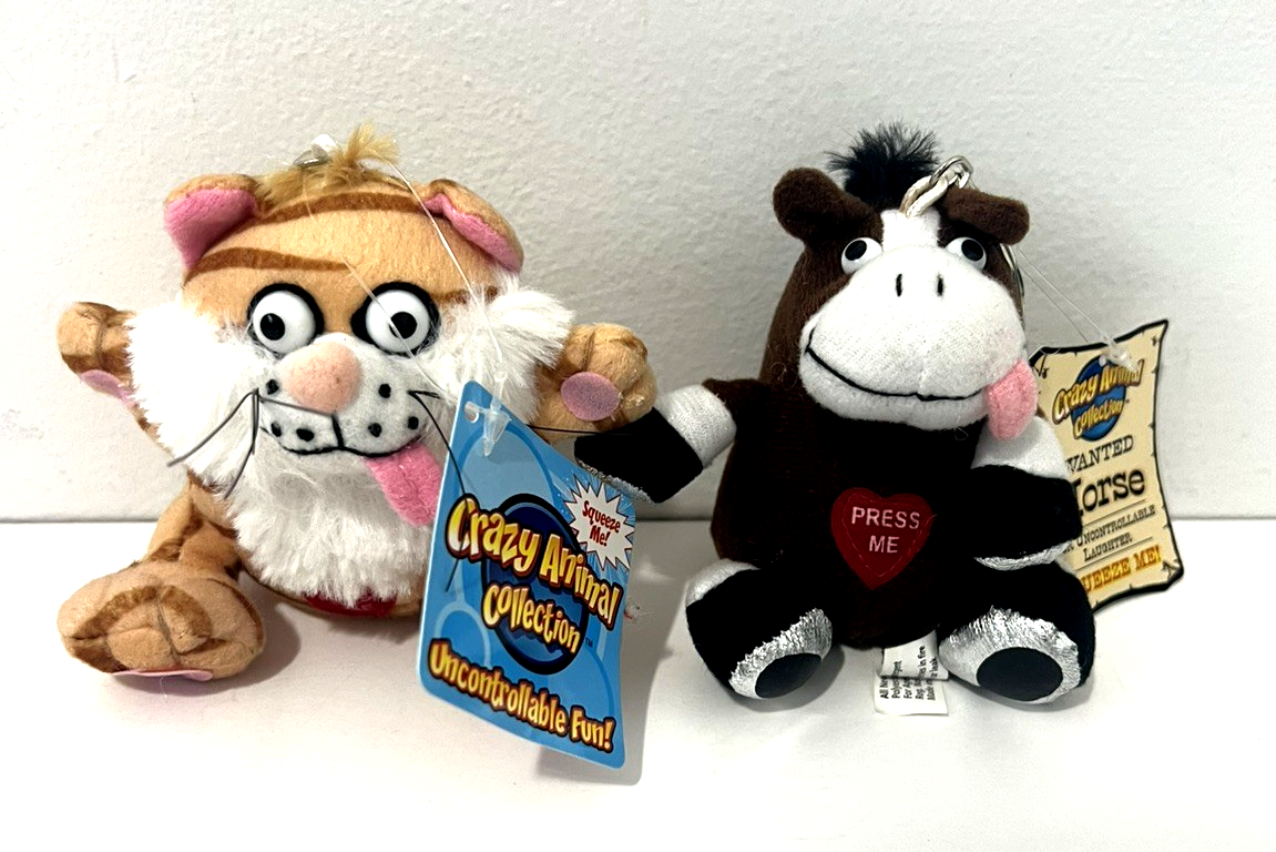 LOT OF 2 JUST FOR LAUGHS CAT & HORSE CRAZY ANIMAL PLUSH KEYCHAIN