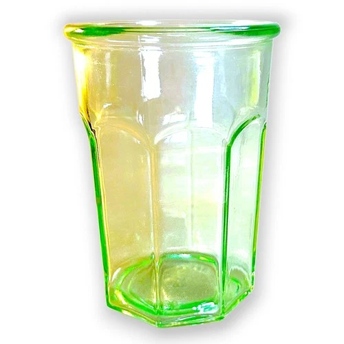 Vtg Anchor Hocking Green Uranium Glass Octagonal Jelly Tumbler Glows UV