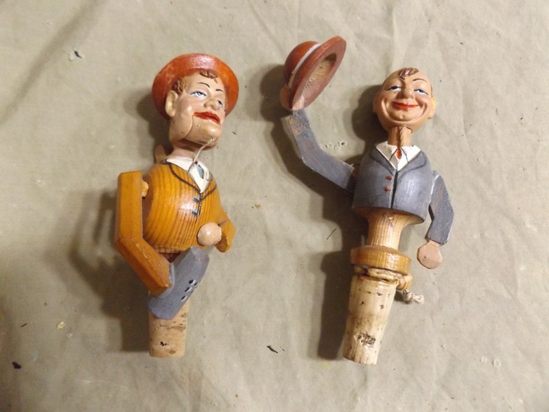 2 Antique Hand Carved Hand Painted Black Forest Men Cork Stoppers As Is