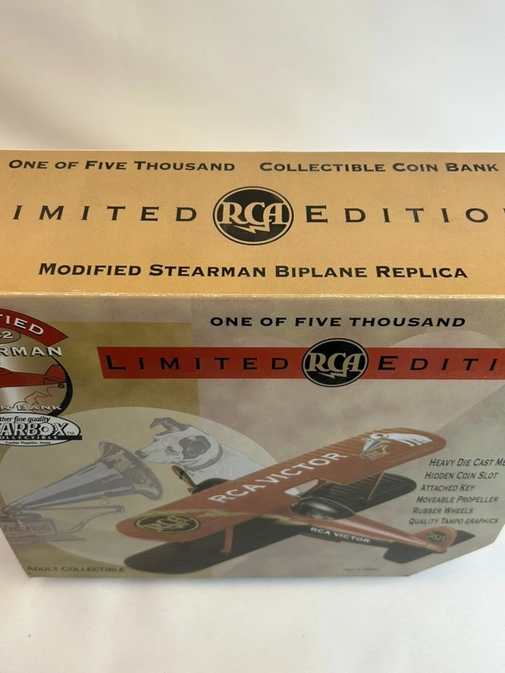 NIB Gearbox RCA VICTOR Modified Stearman 1932 Coin Bank Biplane 1/5000 diecast - Image 4 of 4