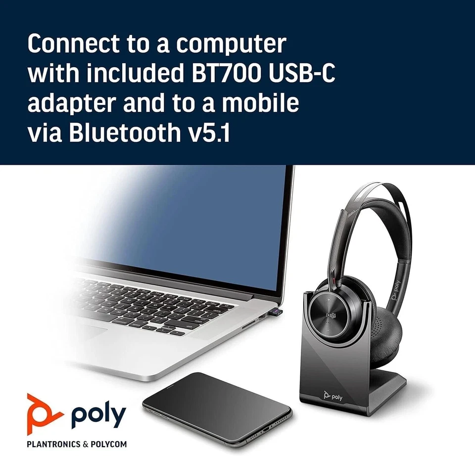HP Poly Voyager Focus 2 USB-A + dongle BT700+ supporto per ricarica - Immagine 2 di 4