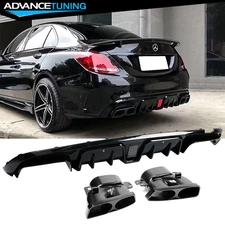 Fits 15-21 Benz W205 C-Class C63 C43 Sedan B Style Rear Diffuser + Exhaust Tips