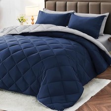 7 Pieces Full Comforter Set, Reversible Bed in Full 82"x86" Navy/Light Grey