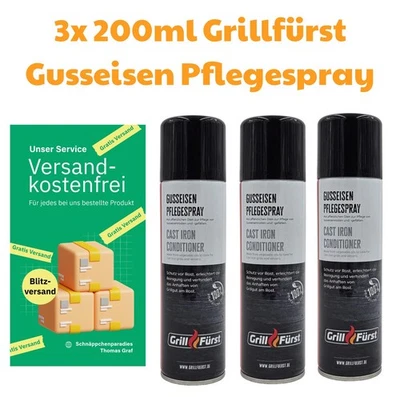 3x 200ml Grillfürst Gusseisen Pflegespray Anti-Haft Dutch Oven Anti-Rost Schutz