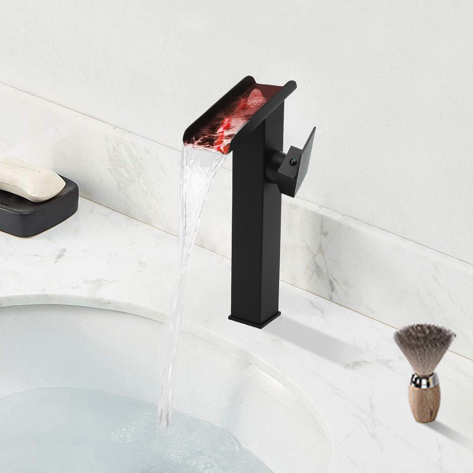 LED Bathroom Sink Faucet Waterfall Vessel Vanity Single Handle Sink ABS