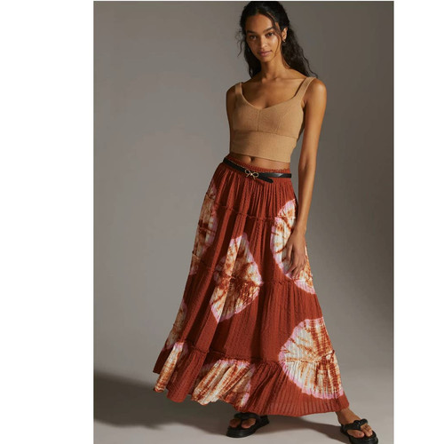New Anthropologie The Odells Tie-Dye Maxi Skirt $198 X-SMALL Reddish Brown Boho