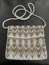 Vintage White Faux Pearl  Tan Beaded Handbag Magid Night Out Shoulder Bag Purse
