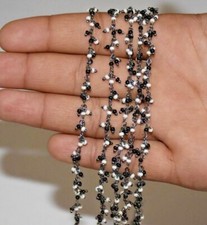 bulk beaded cluster rosary chain, 2mm Black & pearl beads jewelry making chain