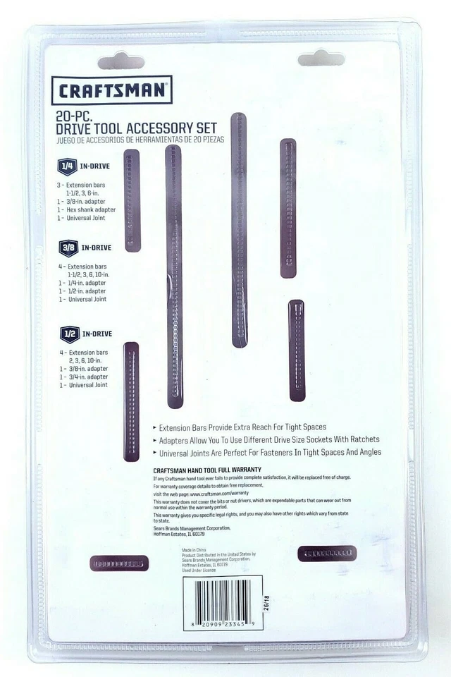 Craftsman 20 Piece Drive Tool Accessory Set 1/4 3/8 1/2 inch Extension Adapters - Image 2 of 3