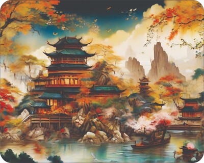 Japanese  Fine Art Painting Home Houses Boats water Mousepad Mouse Pad