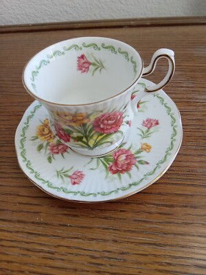 Vintage Queens Rosina China Carnation Flowers Teacup Saucer 2 Pc Pink Yellow