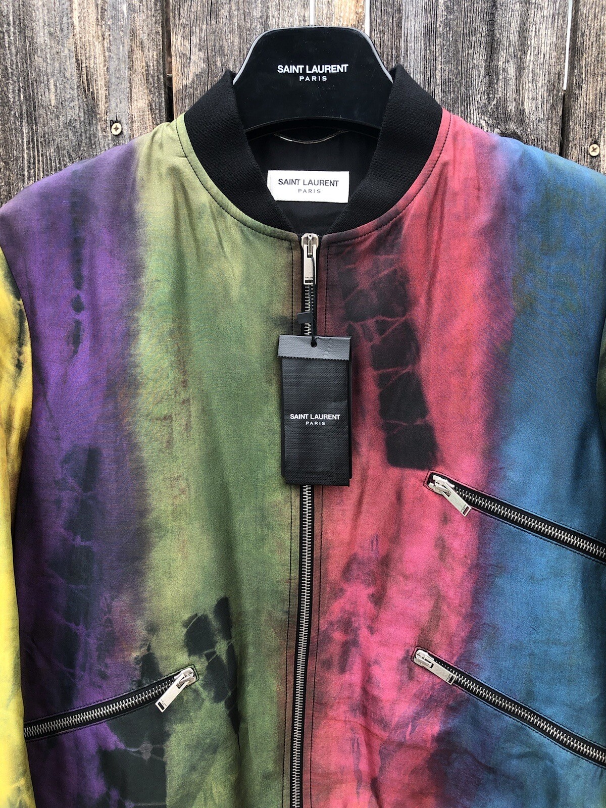 Bomber Saint Laurent Paris in seta tie dye multicolore nuovo con etichette $2790 taglia 44 US 34