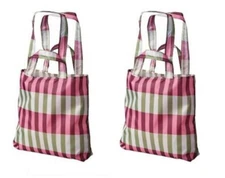 2 IKEA Skynke Reusable Shopping Bags Handles Pouch Plaid Pink Green Sustainable