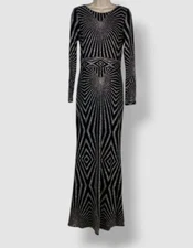 Betsy & Adam Women's Black Plunge-Neck Geo Glitter Gown Dress Size 8