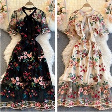 Women Floral Embroidery Dress Mesh Short Sleeve Midi Sheer Lace Black Retro