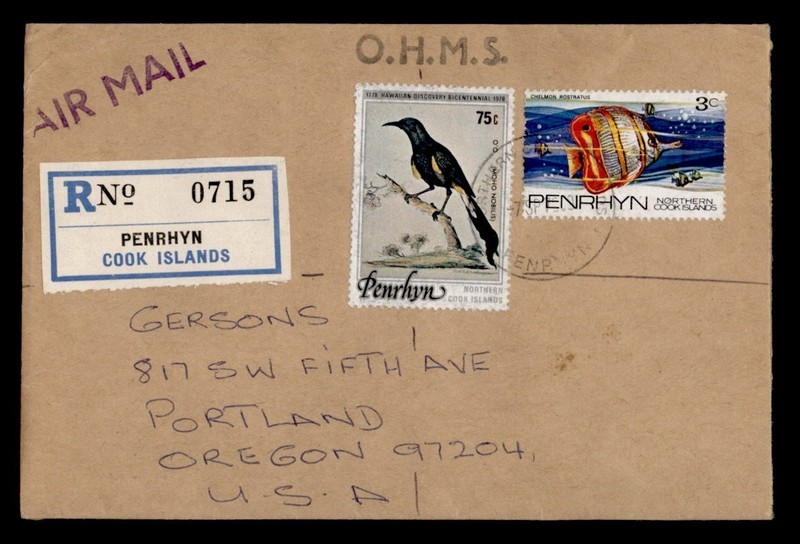 DR WHO 1978 COOK ISLANDS PENRHYN REGISTERED OHMS AIRMAIL TO USA R72207